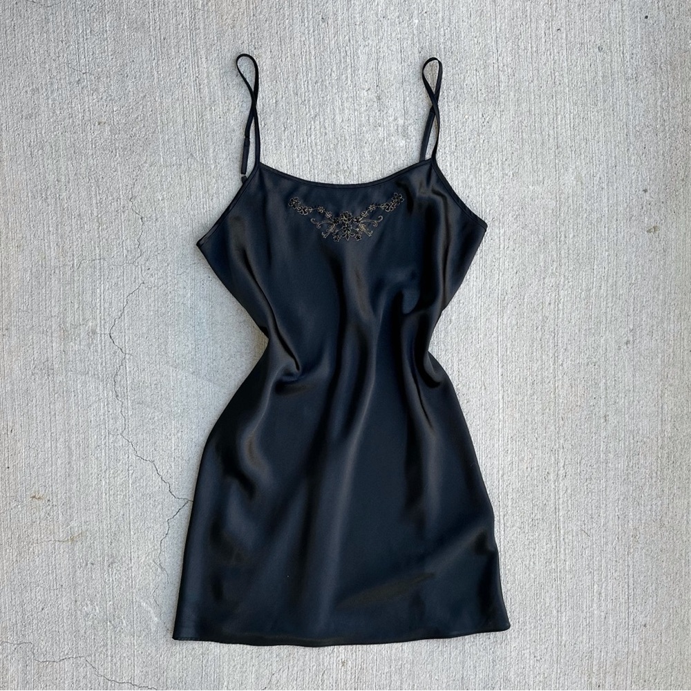 90s black satin slip with gold embroidery